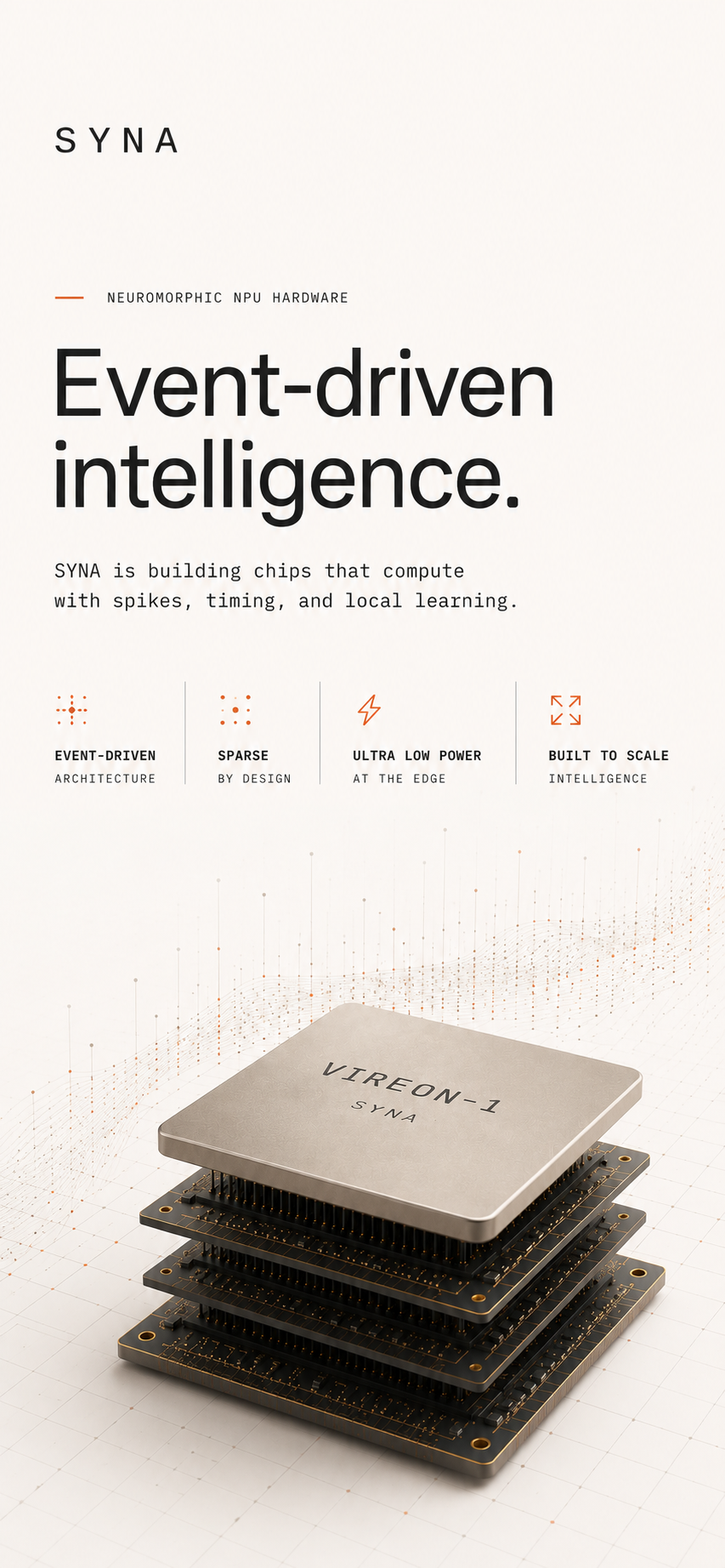 SYNA Vireon-1 neuromorphic NPU hero image with event-driven intelligence messaging.